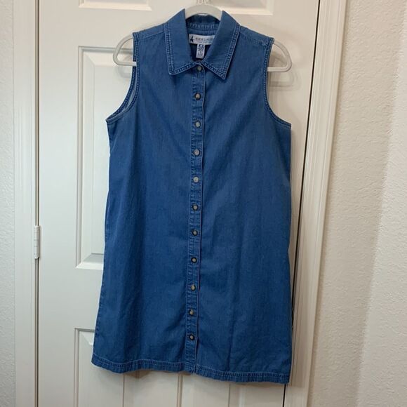 Marsh Landing 💯 Cotton Medium Short Sleeve Midi Button Front Blue Denim Dress - Picture 2 of 9